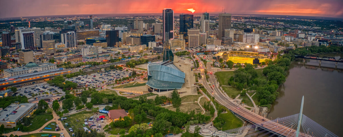 An aerial view of sunrise over the city of Winnipeg, Manitoba, Canada.