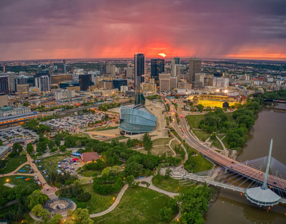 An aerial view of sunrise over the city of Winnipeg, Manitoba, Canada.