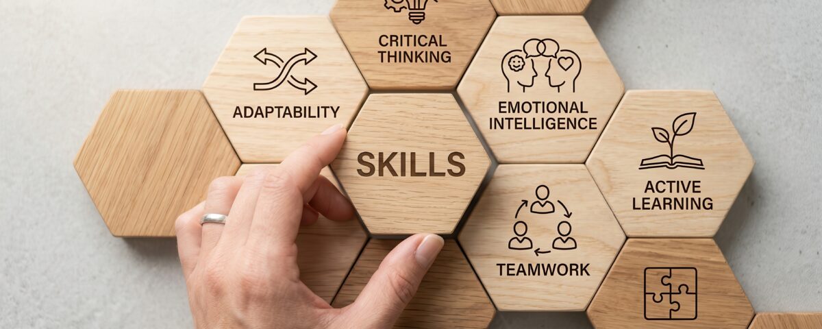 A series of hexagonal blocks, each featuring a human skill that will be essential in the age of AI (e.g. adaptability, critical thinking, and emotional intelligence).