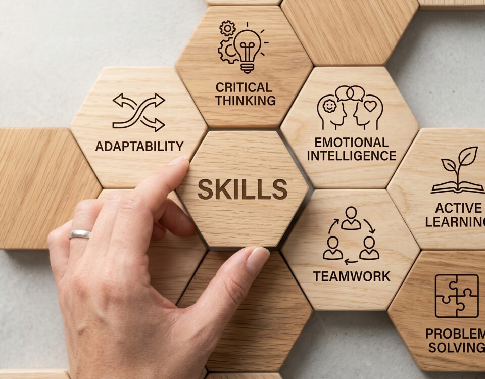 A series of hexagonal blocks, each featuring a human skill that will be essential in the age of AI (e.g. adaptability, critical thinking, and emotional intelligence).