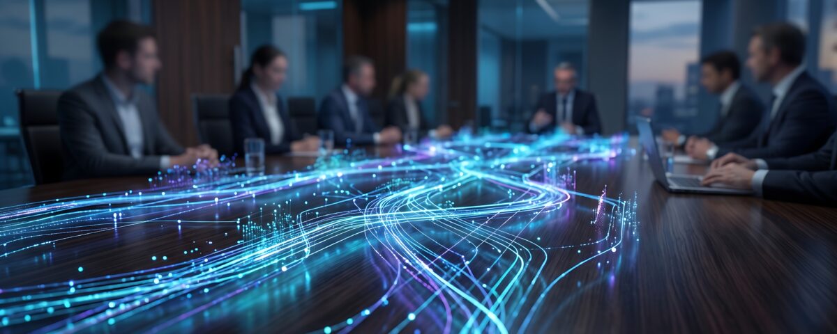 Business team in modern boardroom engaging with glowing digital data streams on table surface representing advanced technology and collaborative data-driven corporate strategy execution