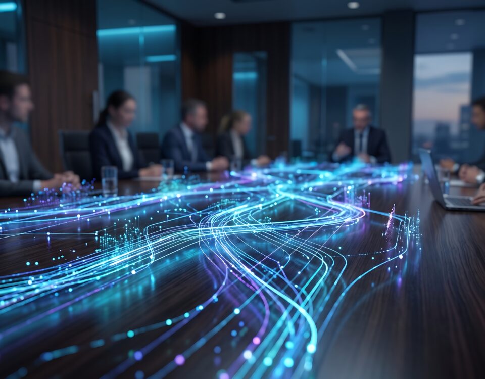 Business team in modern boardroom engaging with glowing digital data streams on table surface representing advanced technology and collaborative data-driven corporate strategy execution