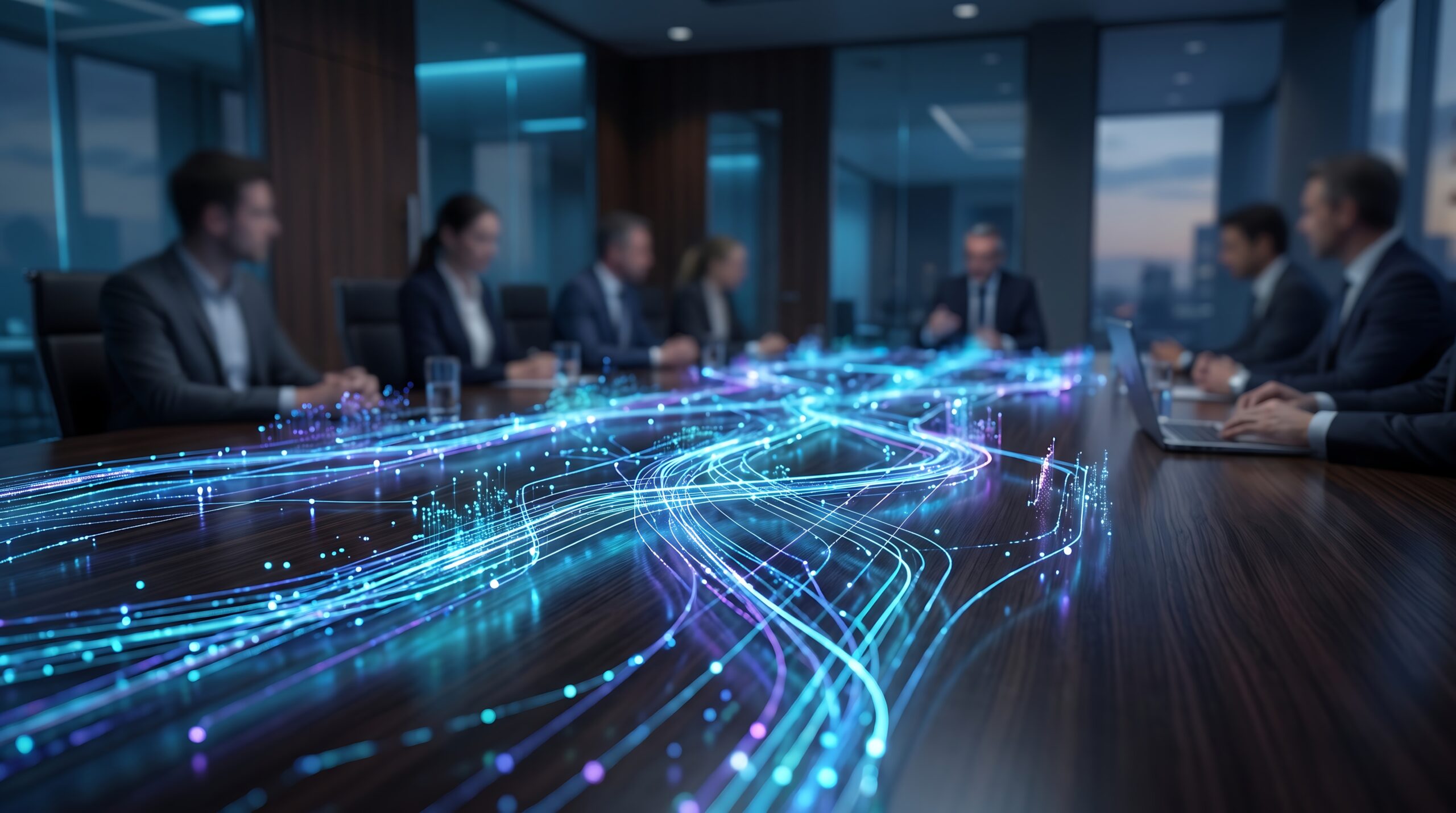 Business team in modern boardroom engaging with glowing digital data streams on table surface representing advanced technology and collaborative data-driven corporate strategy execution