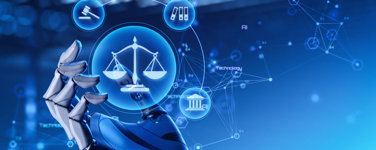 Robot Hand Holding Digital Scales of Justice in Futuristic Legal Technology Concept
