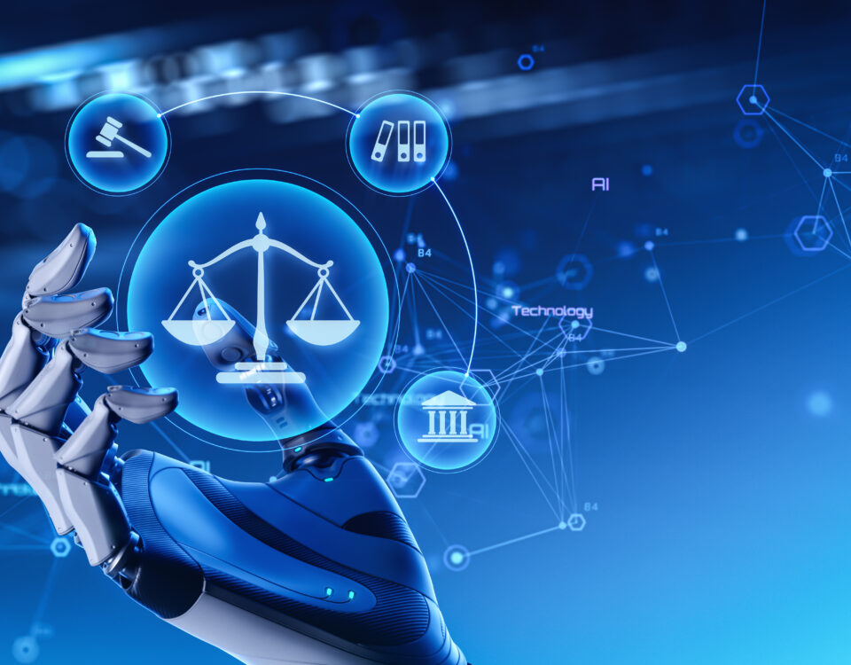 Robot Hand Holding Digital Scales of Justice in Futuristic Legal Technology Concept